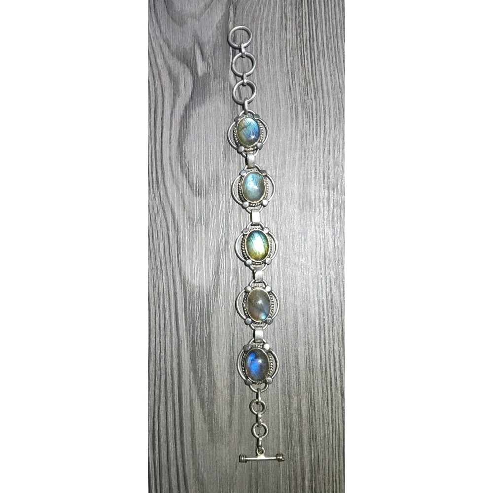 Vintage 925 Sterling Silver - Labradorite Link Bracelet - 7 3/4 in -Toggle Clasp
